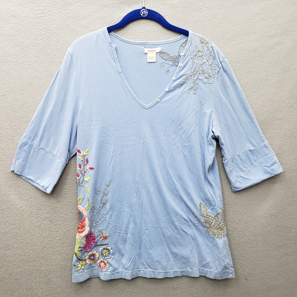 Sundance Embroidered VNeck Tee Pastel Blue Boho Romantic Soft Girl Cottagecore L